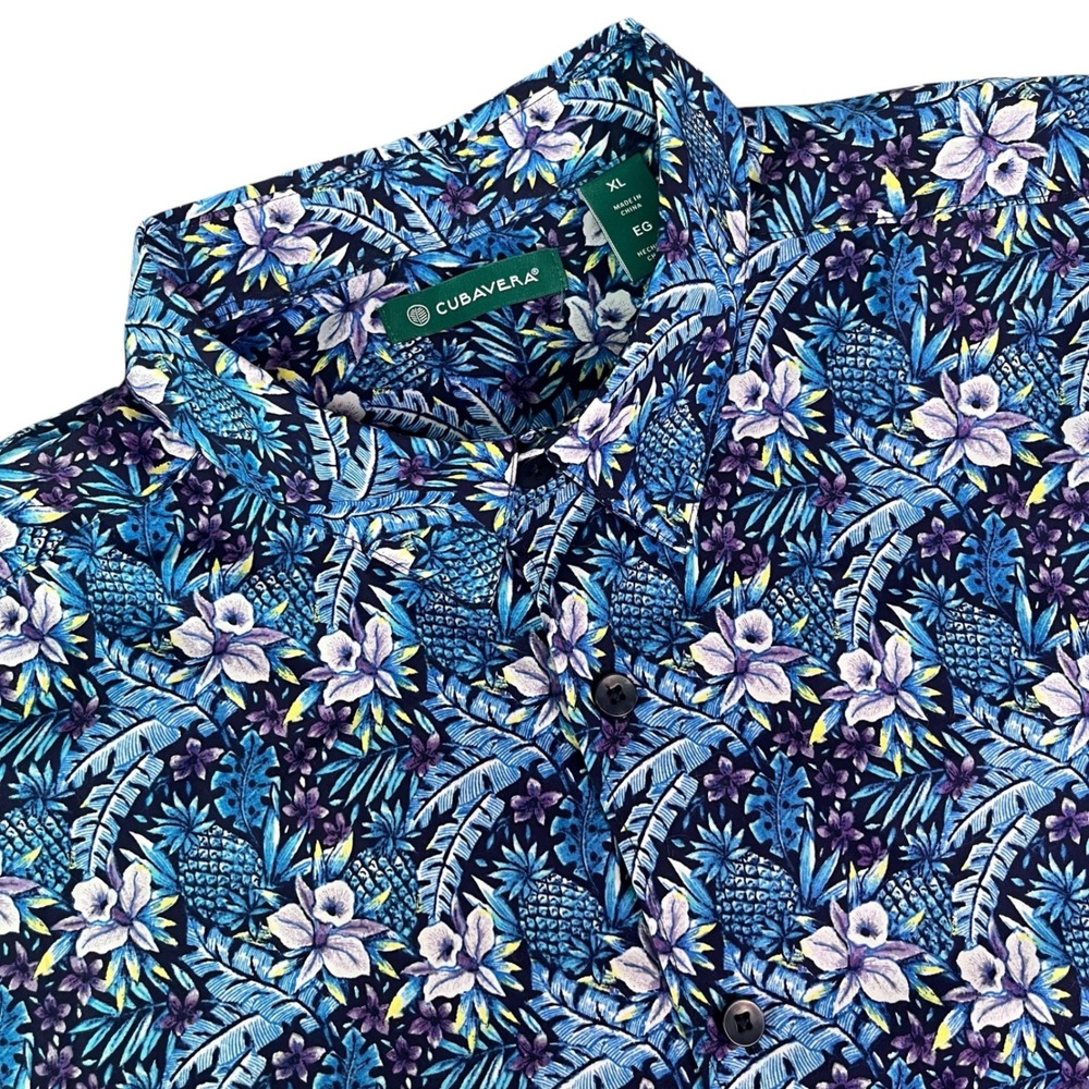 Cubavera Mens XL Blue Tropical Pineapple Floral Cotton Short Sleeve Button Shirt